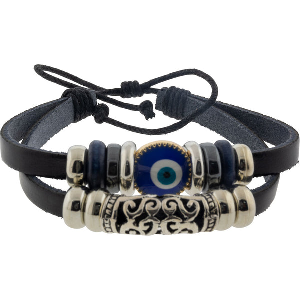 Guard your energy in style with this Evil Eye Black Leather Bracelet. Layered leather bands and bold metal accents meet the ancient protective power of the blue evil eye charm.