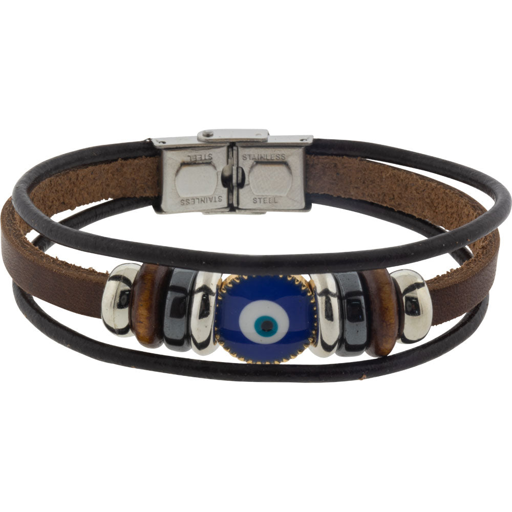 Shield your energy with this Brown Leather Evil Eye Bracelet. Featuring layered bands, metal accents, and a powerful blue evil eye charm—perfect for grounding, protection, and everyday magic.