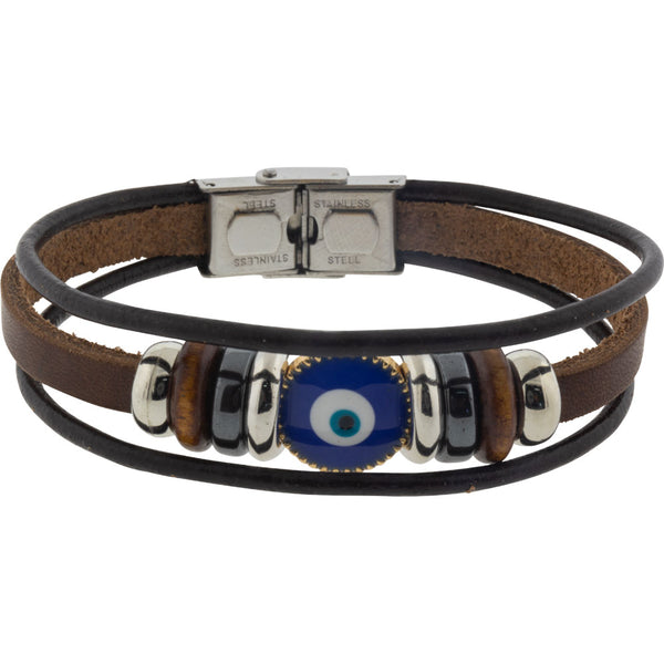 Shield your energy with this Brown Leather Evil Eye Bracelet. Featuring layered bands, metal accents, and a powerful blue evil eye charm—perfect for grounding, protection, and everyday magic.