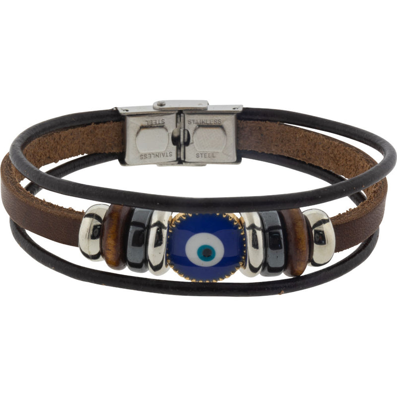 Shield your energy with this Brown Leather Evil Eye Bracelet. Featuring layered bands, metal accents, and a powerful blue evil eye charm—perfect for grounding, protection, and everyday magic.