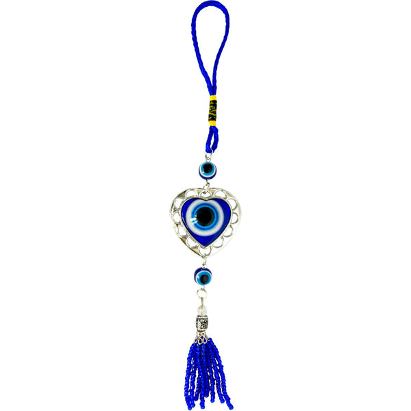 Evil Eye Puffed Heart Talisman with Beaded Tassel, blue glass design symbolizing love, protection, and harmony.