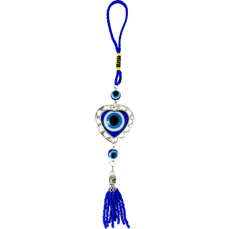 Evil Eye Puffed Heart Talisman with Beaded Tassel, blue glass design symbolizing love, protection, and harmony.