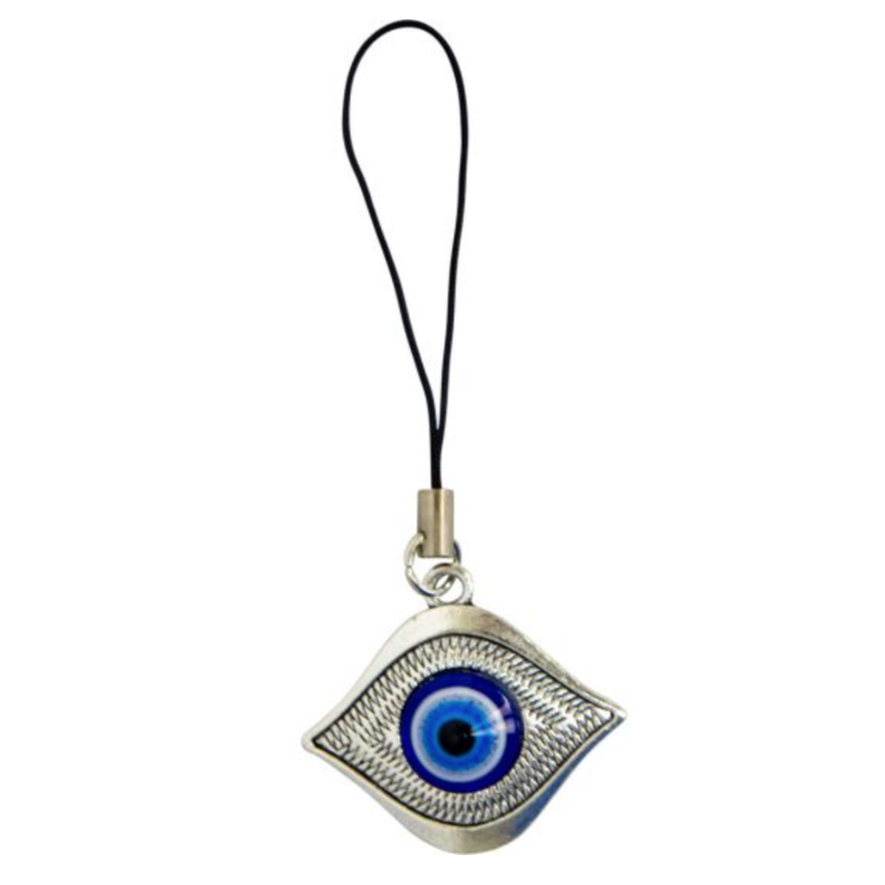 Evil Eye Talisman Phone Charm with blue protective eye design, symbolizing positivity, peace, and energetic protection.