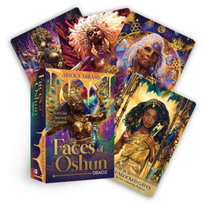 Faces of Oshun Oracle Card Deck by Abiola Abrams featuring vibrant cards and goddess illustrations celebrating divine feminine wisdom and empowerment