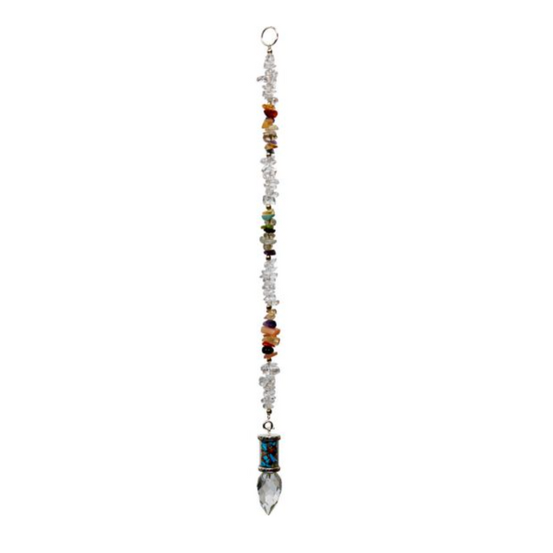 Faceted Clear Quartz Point Pendulum with Chakra Gemstone Chips – A high-vibe spiritual tool for divination, energy alignment, and intention-setting.