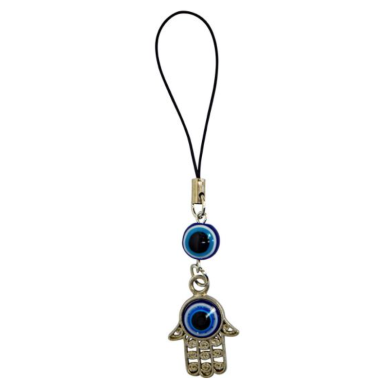 Fatima Hand Evil Eye Phone Charm featuring Hamsa Hand and blue Evil Eye symbol for protection, peace, and good luck.