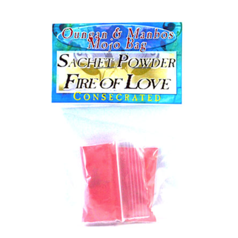 Fire of Love Sachet Powder (Consecrated) in a ritual container, crafted to ignite passion, romance, and magnetic attraction.