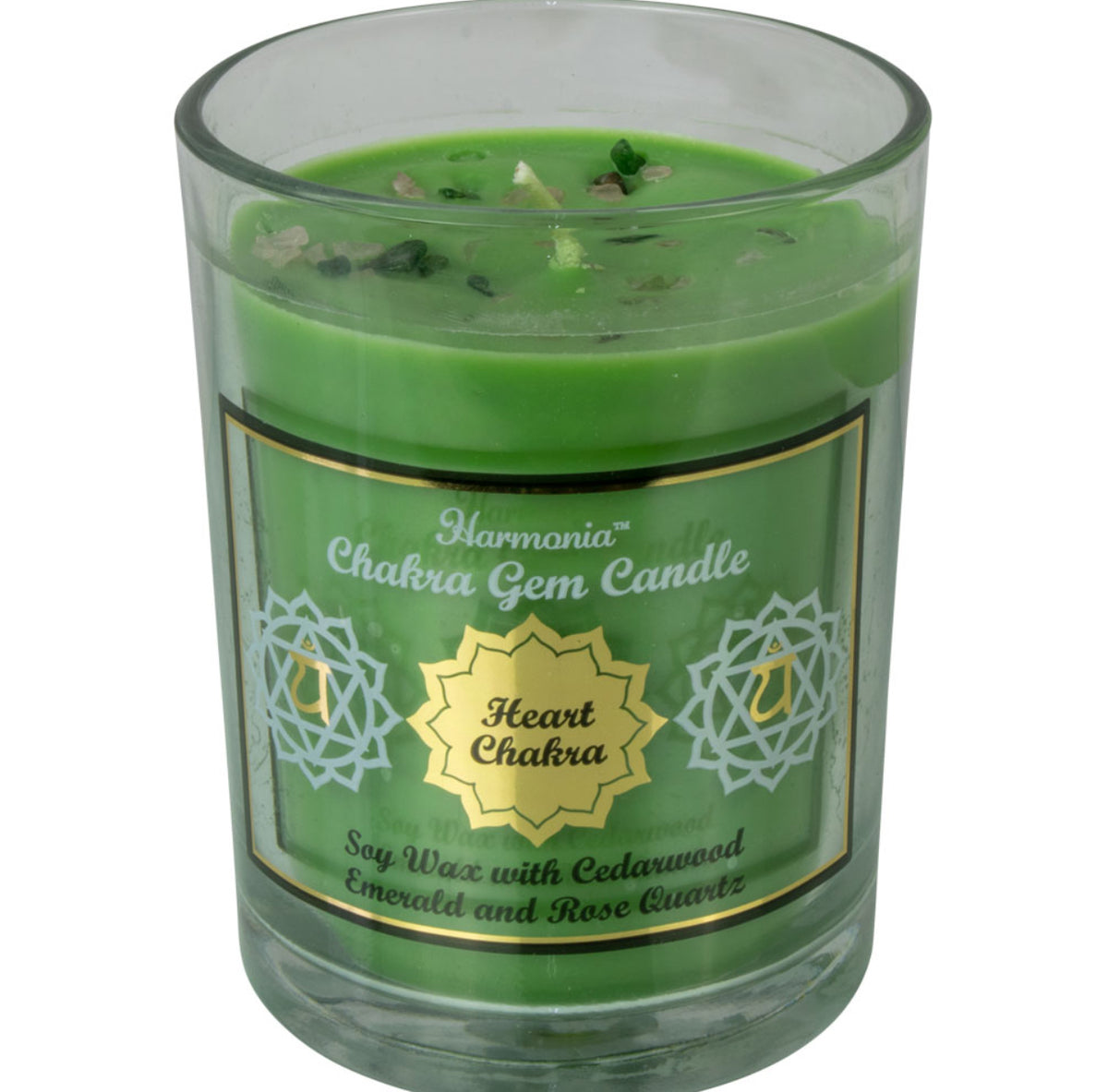 Heart Chakra Candle with Emerald & Rose Quartz Gemstone Chips