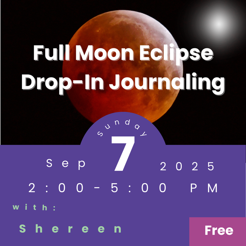 Promotional flyer for a Full Moon Eclipse Drop-In Journaling event with a moon graphic and event details.