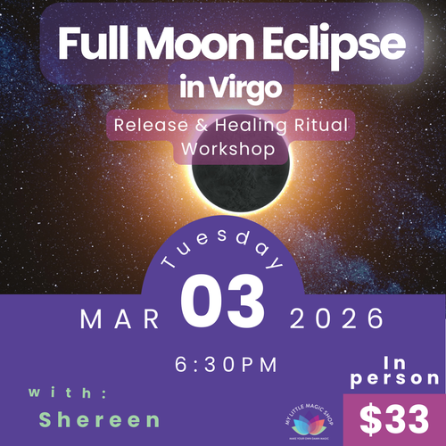 Promotional flyer for a Full Moon Eclipse in Virgo workshop with event details.