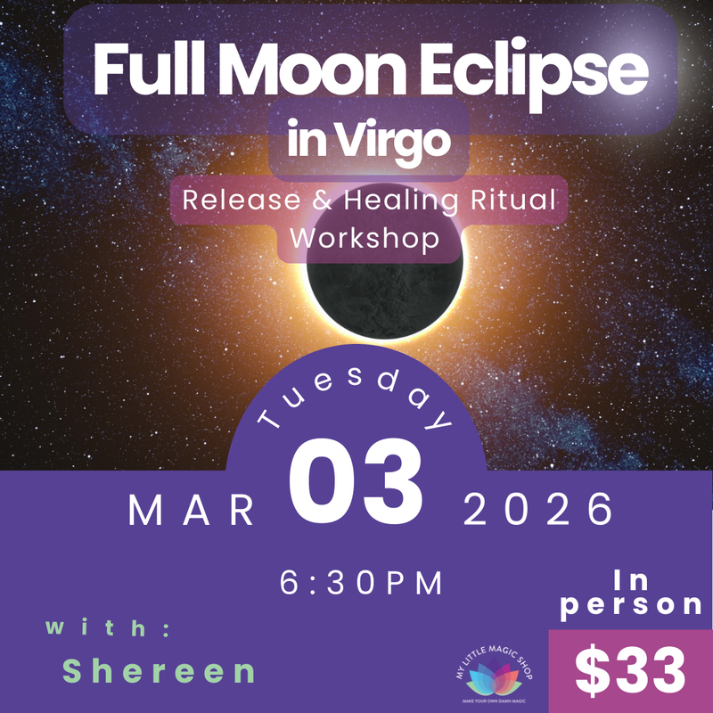 Promotional flyer for a Full Moon Eclipse in Virgo workshop with event details.
