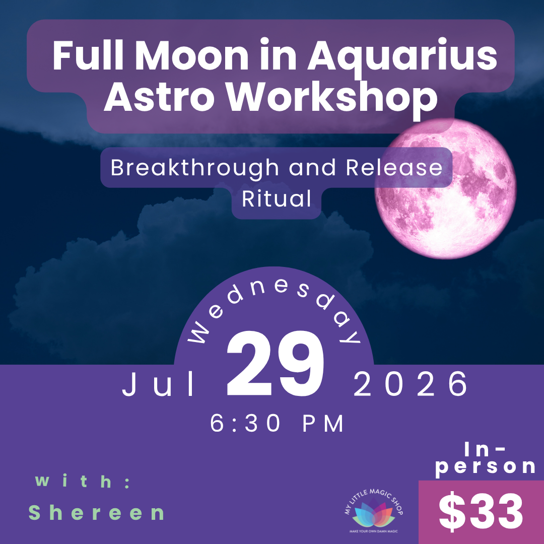 Advertisement for a Full Moon in Aquarius Astro Workshop with a purple moon graphic on a dark blue background.