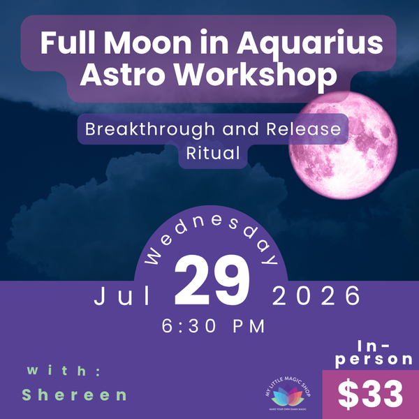 Advertisement for a Full Moon in Aquarius Astro Workshop with a purple moon graphic on a dark blue background.