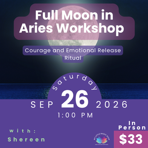 Promotional graphic for a 'Full Moon in Aries Workshop' featuring a purple and blue night sky background with a large moon. The text details a 'Courage and Emotional Release Ritual' on Saturday, September 26, 2026 at 1:00 PM, with Shereen, priced at $33.