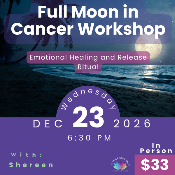 Promotional flyer for a Full Moon in Cancer Workshop with beach and moon background.