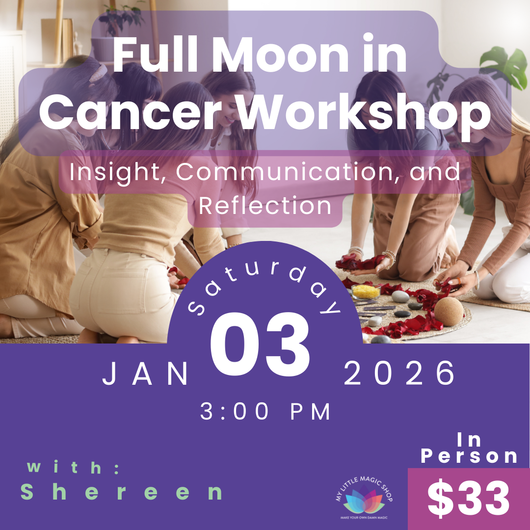 Promotional flyer for a Full Moon in Cancer Workshop with people gathered around a table.