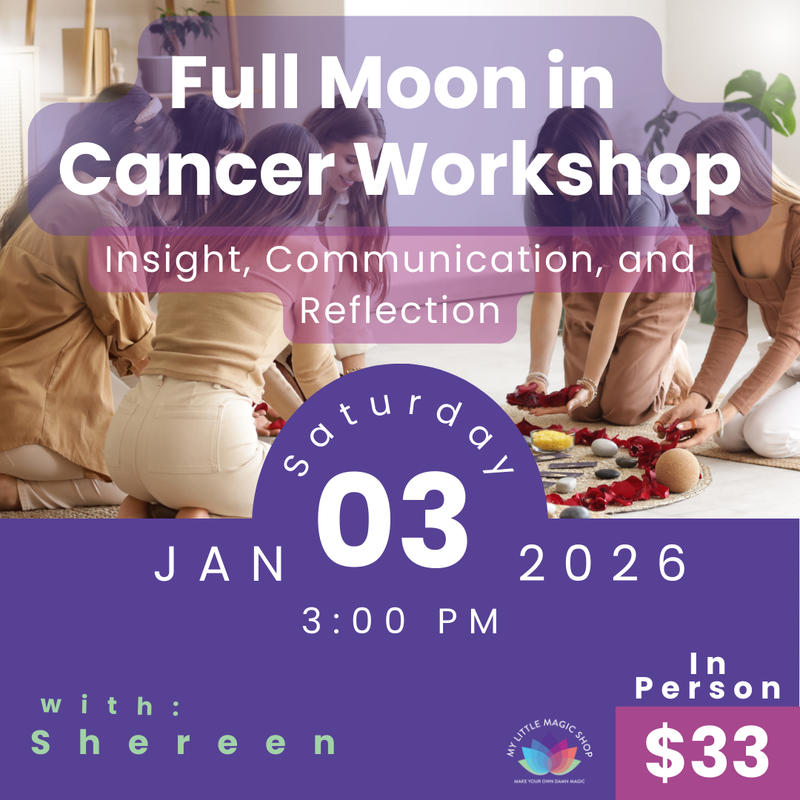 Promotional flyer for a Full Moon in Cancer Workshop with people gathered around a table.
