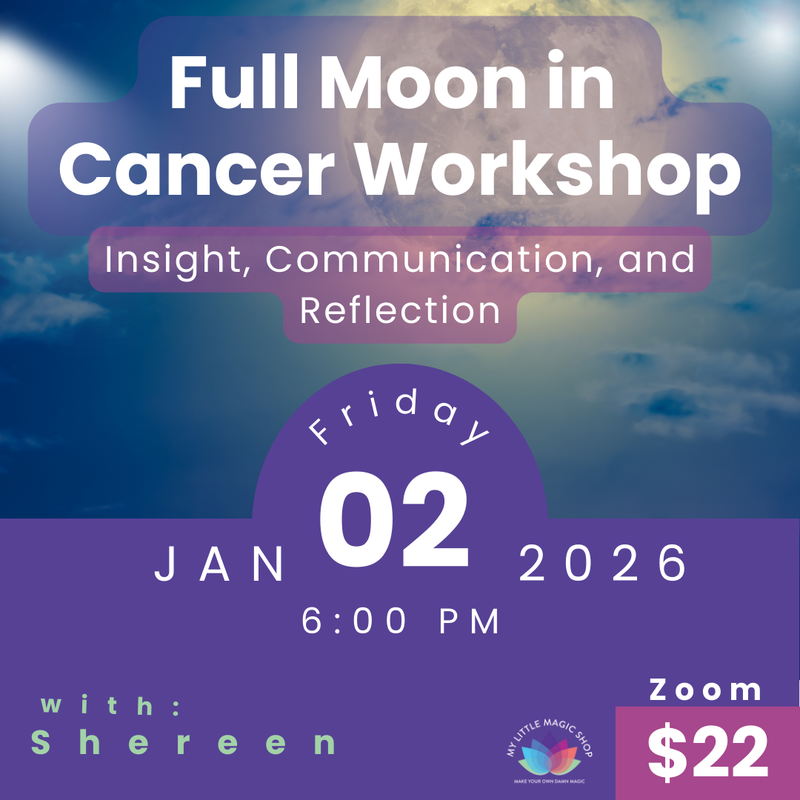 Promotional flyer for a Full Moon in Cancer Workshop with event details.