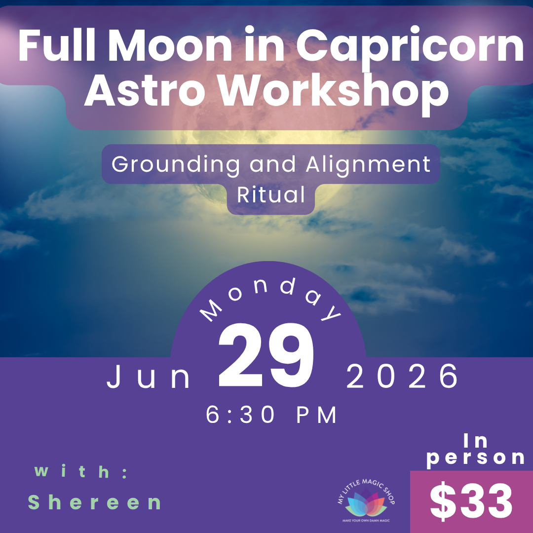 Advertisement for a Full Moon in Capricorn Astro Workshop with event details.