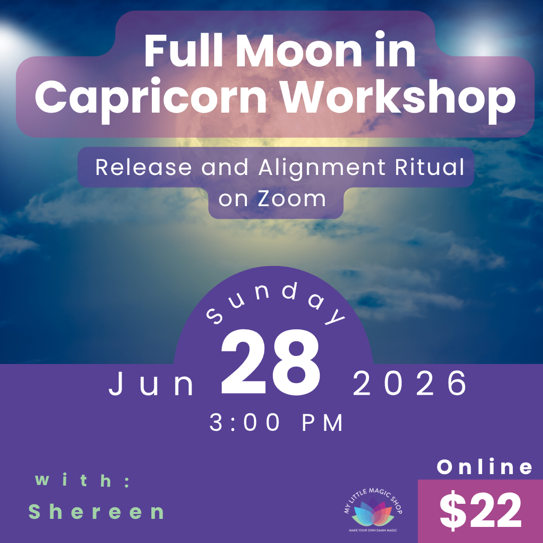 Promotional flyer for a Full Moon in Capricorn Workshop with event details.