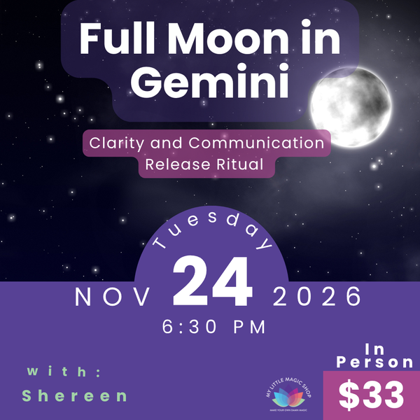 Promotional flyer for a Full Moon in Gemini event with a moon and starry night background.