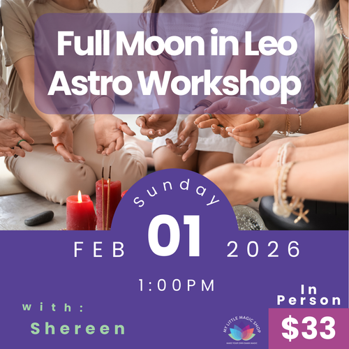 Advertisement for a Full Moon in Leo Astro Workshop with people sitting in a circle, candles, and text about the event details.