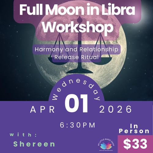 Promotional flyer for a Full Moon in Libra Workshop with a moon and scales design.