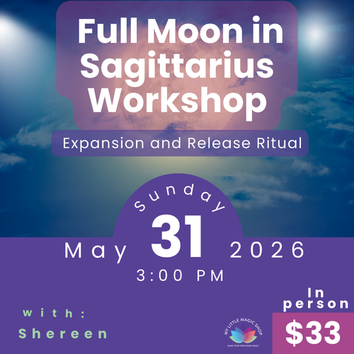 Promotional flyer for a Full Moon in Sagittarius Workshop with event details.
