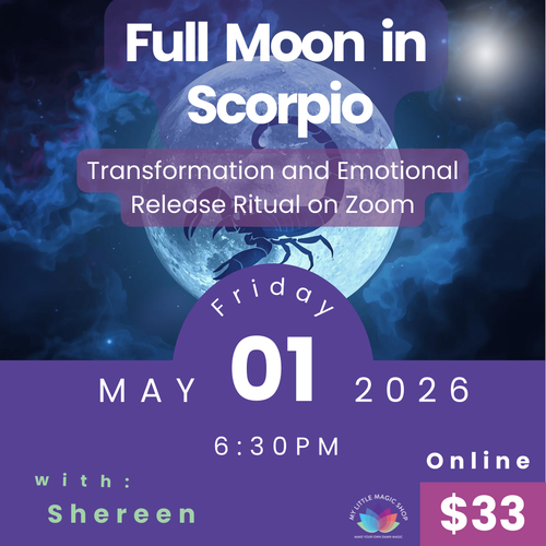 Promotional flyer for a Full Moon in Scorpio event on Zoom with a blue moon and scorpion symbol.