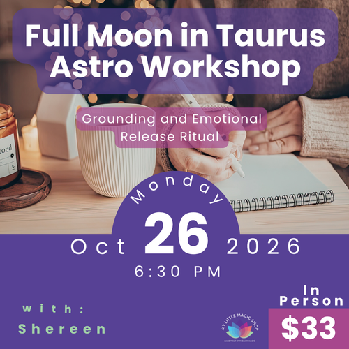 Advertisement for a Full Moon in Taurus Astro Workshop with event details.