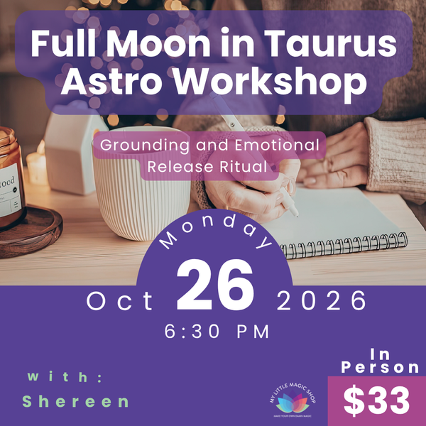 Advertisement for a Full Moon in Taurus Astro Workshop with event details.