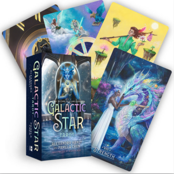 Galactic Star Tarot deck by Alexandra Hanly and Pamela Chen featuring celestial cards with starseed art and a cosmic-themed tarot box design