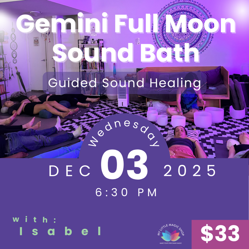  Participants relaxing during a Gemini Full Moon Sound Bath with Isabel Varela at My Little Magic Shop in NYC.
