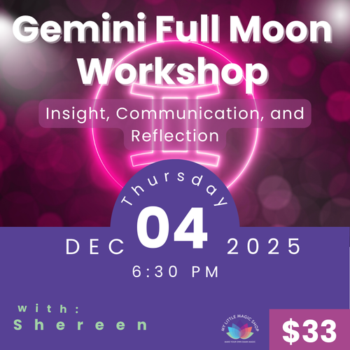  Participants journaling and sharing insights during the Gemini Full Moon astrology and ritual workshop at My Little Magic Shop in NYC.
