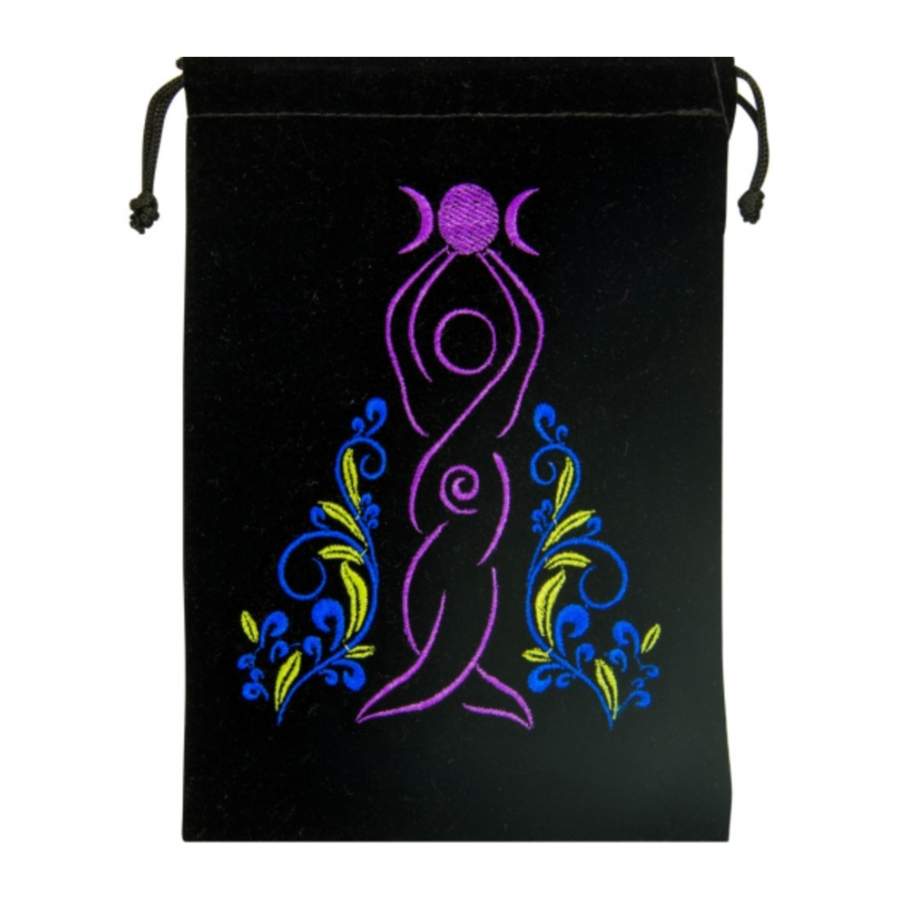 Embroidered velvet bag with goddess design