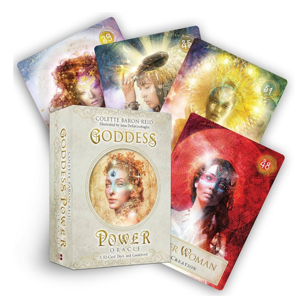 Goddess Power Oracle deck by Colette Baron-Reid featuring 52 illustrated cards of global goddess archetypes for healing, love, and divine wisdom.