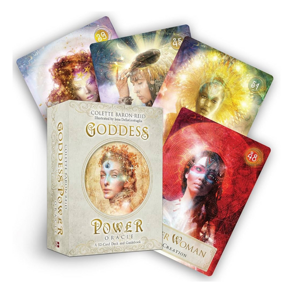 Goddess Power Oracle deck by Colette Baron-Reid featuring 52 illustrated cards of global goddess archetypes for healing, love, and divine wisdom.
