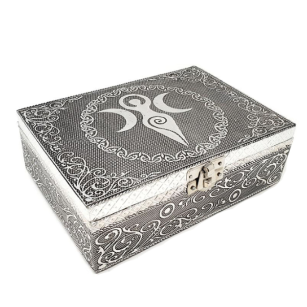 Goddess of Earth carved metal box over wood, 5x7 inches, velvet lined