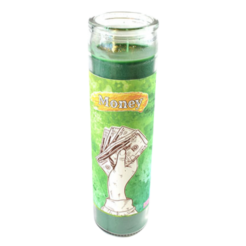 Green 7-day Money ritual candle in glass jar, styled with citrine, gold coins, and intention paper on an abundance altar.