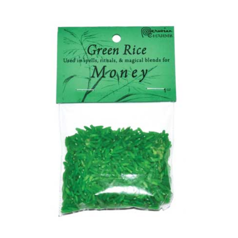 A 1oz bag of bright green rice labeled "Green Rice – Used in spells, rituals, & magical blends for money," designed for use in prosperity and abundance rituals.