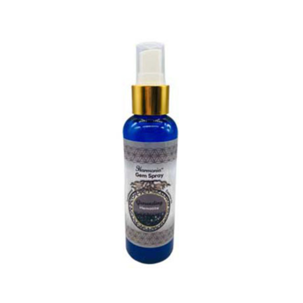 Grounding aura spray with hematite and sandalwood in 150ml blue bottle