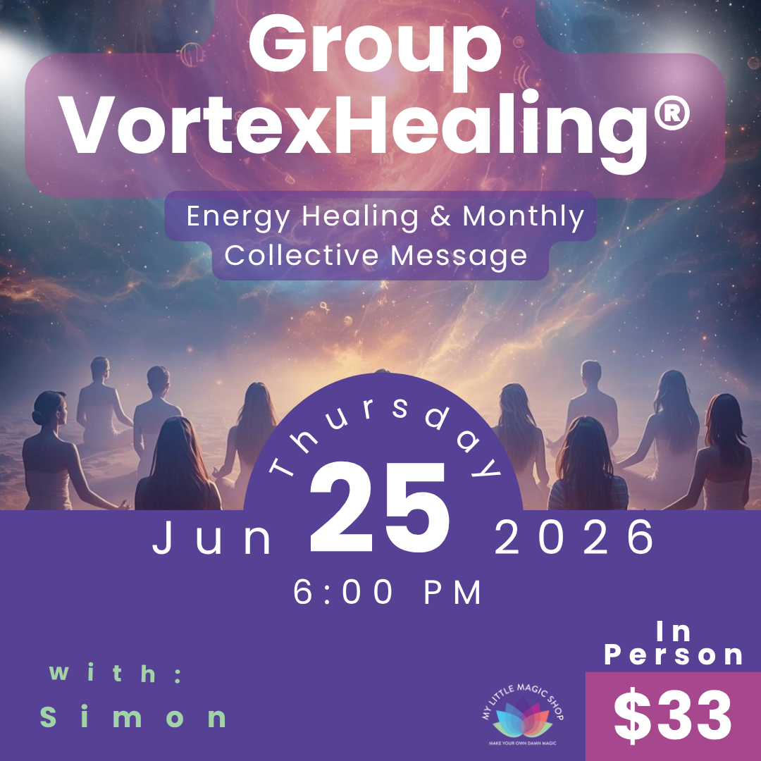 Promotional flyer for Group VortexHealing event with people in a circle, cosmic background, and event details.