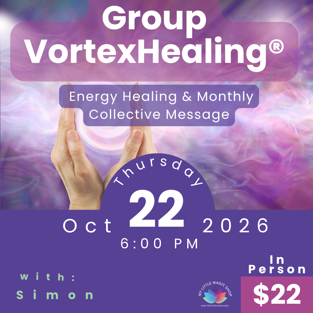 Promotional flyer for Group VortexHealing event with hands holding a glowing orb, date, time, and price.