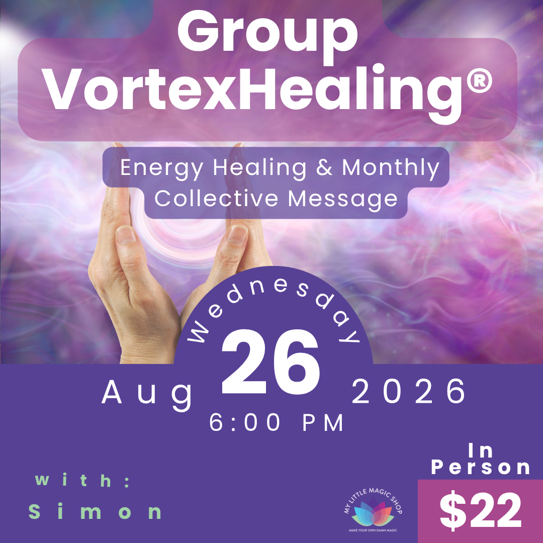 Promotional flyer for Group VortexHealing event with hands holding a glowing orb, date, time, and price.