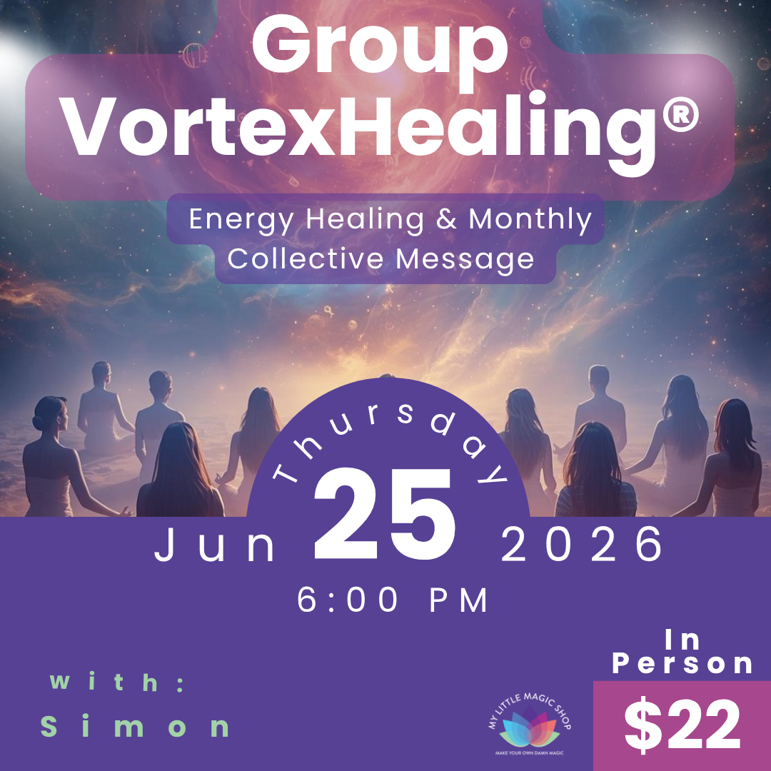 Promotional flyer for Group VortexHealing event with people in a circle, cosmic background, and event details.