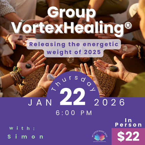 Promotional flyer for Group Vortex Healing event with people holding stones, date, time, and price displayed.
