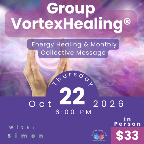 Promotional flyer for Group VortexHealing event with hands holding a glowing orb, date, time, and price.