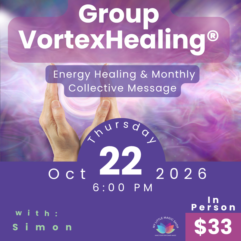 Promotional flyer for Group VortexHealing event with hands holding a glowing orb, date, time, and price.
