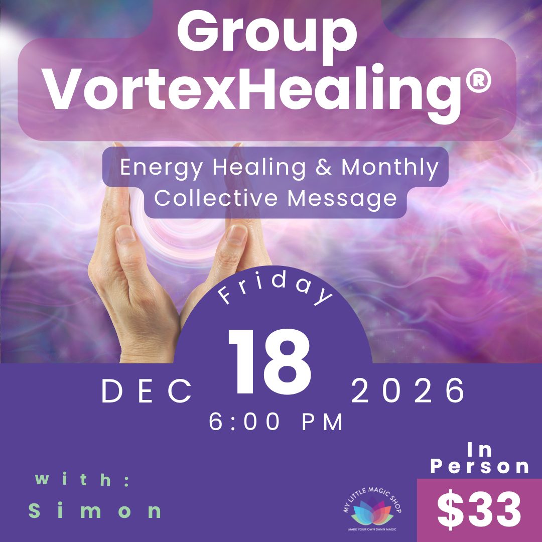 Promotional flyer for Group VortexHealing event with hands holding a glowing orb, date, time, and price.
