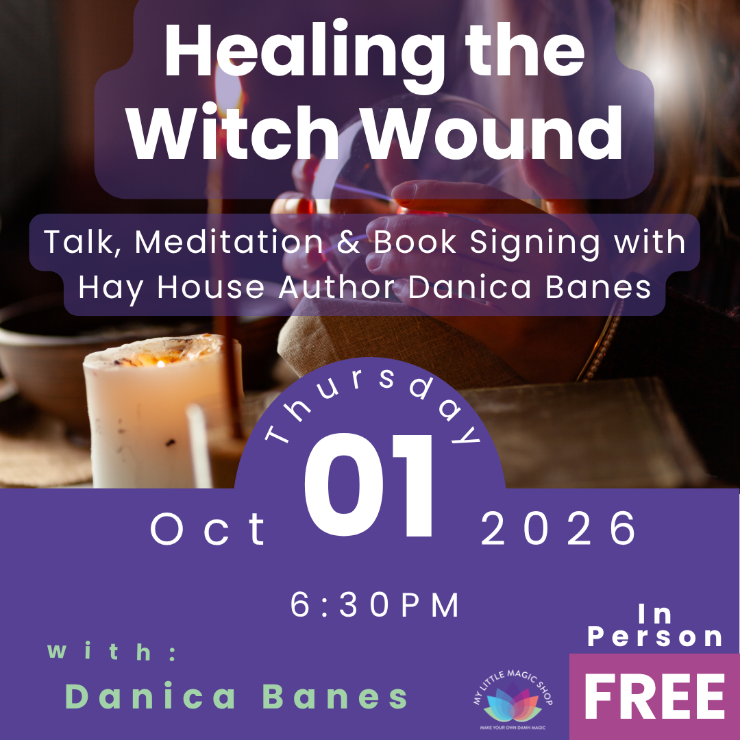 Promotional graphic for an event titled 'Healing the Witch Wound' featuring Hay House Author Danica Banes. The design has a purple background with white and light green text, a date of October 01, 2026, and a photo of a person holding a candle.
